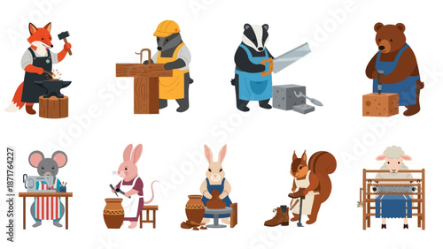 Cartoon Animals Working in Carpentry Workshop.
