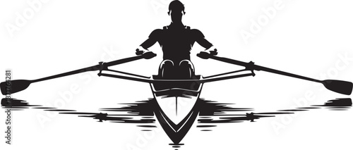 Overhead silhouette of a single scull rower in a racing shell with oars extended on white background