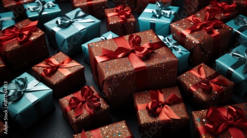 A close up of a collection of wrapped gifts with red and teal ribbons, some with glitter, all stacked on a black background.