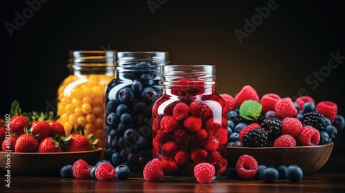 A still life of assorted berries in jars and a bowl, offering a colorful and delicious assortment of summery flavors.