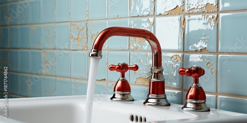 A vintage red and chrome faucet pours water into a white porcelain sink against a backdrop of faded blue tiles.