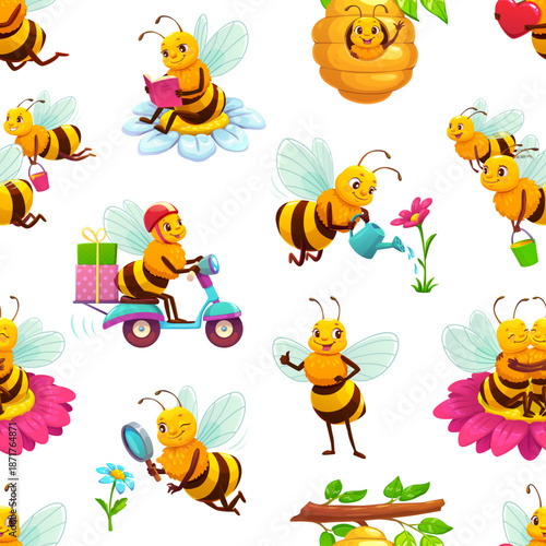Cartoon honey bee characters seamless pattern. Cheerful bees reading, watering flowers, riding scooters, carrying buckets. Apiary and beekeeping agriculture, textile print with buzzing characters
