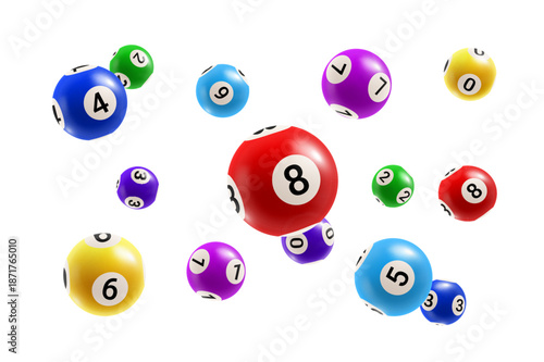 3d realistic bingo lottery red, blue and purple, green and yellow vector balls, gambling lotto game with lucky numbers. Casino advertising, gambling promotion, online bingo lottery game