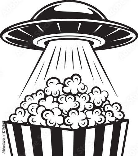 Popcorn kernel beamed up by UFO celebrates National Popcorn Day in stylish minimalism