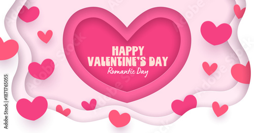 Paper cut Valentines Day banner with pink hearts. Romantic love holiday vector 3d background with paper cut heart frame and layered white wave borders. Valentines Day love card or greeting banner