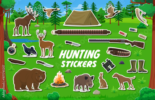 Hunting sport stickers with wild animals and hunter equipment, vector set. Hunting season stickers of bear and elk moose with partridge and duck, hunter rifle, and bullet bandoleer with binoculars