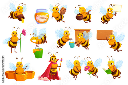 Cartoon cute bee characters set with honey, flowers and beehive. Funny queen, worker and student bees characters collecting honey with pots, reading book, holding flowers, honeycombs and sign board