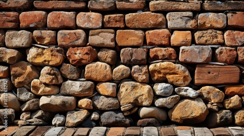 A Rustic Stone Wall With Brick Accents, Displaying a Blend of Natural and Man-Made Elements
