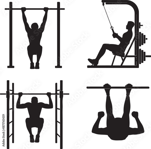 Pull-up exercise variations silhouette set showing gym workout techniques on bars and machines for upper body strength training illustration