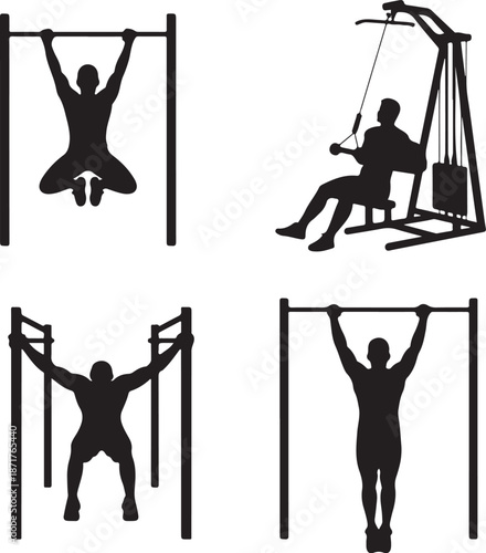 Pull-up exercise variations silhouette set showing gym workout techniques on bars and machines for upper body strength training illustration