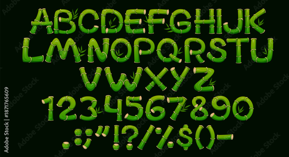 Fototapeta premium Bamboo font, jungle forest typeface, plant type, eco english alphabet vector typography. Cartoon asian tropical nature font letters and numbers set of bamboo sticks, wood stems and green leaves