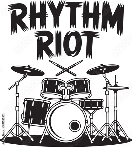 Rhythm riot black and white drum kit illustration