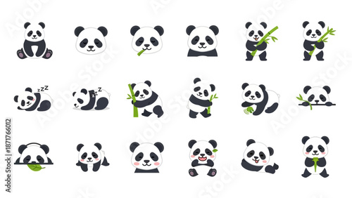 A collection of cute cartoon panda illustrations in various poses and expressions, some holding or eating bamboo, on a white background, perfect for children's designs.