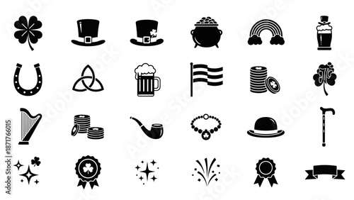 A collection of black and white flat design icons representing various symbols and elements of St. Patrick's Day and Irish culture.