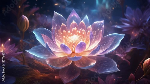 Glowing lotus flower in a mystical garden at night.