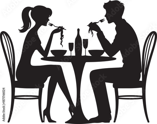 Romantic Italian dinner silhouette with wine creates intimate moment, perfect for Valentine's Day card design or restaurant promotion - Copy