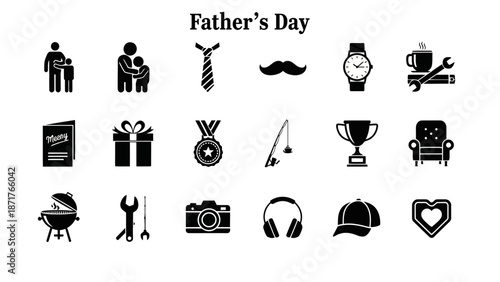 Father's Day themed black and white icon set featuring various gifts, activities, and symbols for dads.
