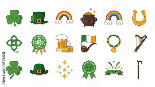 A collection of various St. Patrick's Day and Irish culture icons, including shamrocks, leprechaun hats, rainbows, pots of gold, and Celtic symbols.