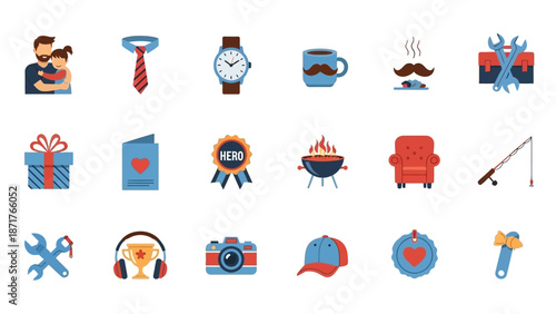 A collection of flat design icons representing Father's Day gifts, hobbies, and symbols, including a father and child, tie, watch, coffee, tools, gifts, and leisure items.