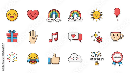 A vibrant collection of cartoon icons representing happiness, joy, celebration, and positive emotions, including emojis, rainbows, gifts, and hearts.