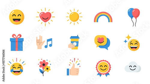A collection of cheerful and positive flat design emojis and icons representing happiness, celebration, and good vibes on a white background.