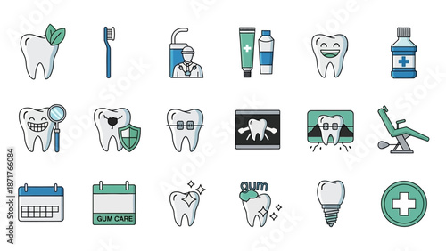 A comprehensive set of dental care and dentistry-related icons, illustrating various aspects of oral hygiene, treatment, and health.