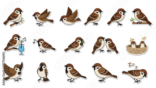 A delightful collection of cute cartoon sparrows depicted in various poses and activities, including flying, perching, singing, and nesting.