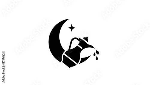 Black silhouette of a watering can pouring water under a crescent moon with a star on a white background with graphic and illustration and symbol