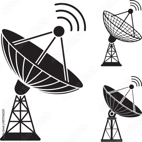 Satellite dish and radar antenna vector icon set Communication and broadcast technology symbols