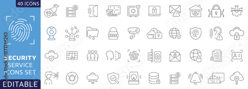 Editable outline security service icons set featuring cybersecurity, data protection, fingerprint scan, cloud security, firewall, lock, and privacy symbols.