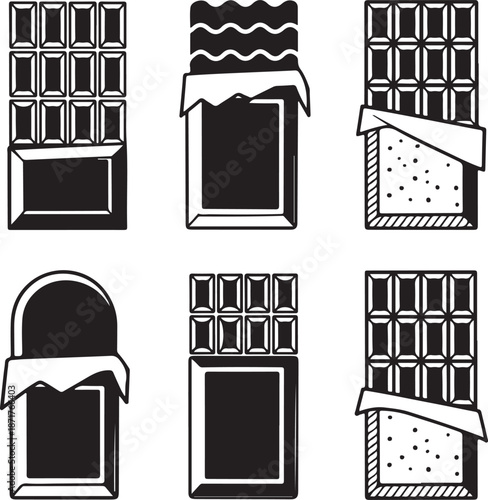 Set of chocolate bar silhouette vector illustration with candy block, dessert snack, sweet food design, cocoa treat packaging collection