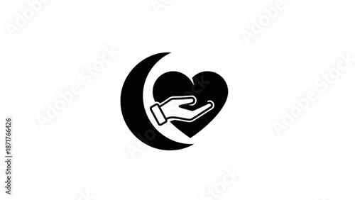 Black and white illustration of a hand holding a heart symbol on a white background representing care and compassion with love and charity and support