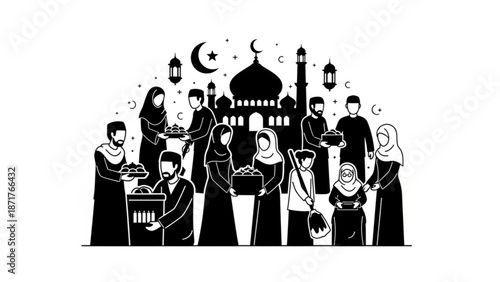 Black and white illustration of people giving charity during ramadan with mosque and crescent moon in background with Islam and donation and community