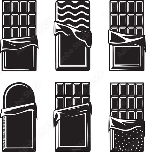 Set of chocolate bar silhouette vector illustration with candy block, dessert snack, sweet food design, cocoa treat packaging collection