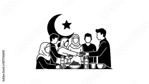 A diverse group of people sharing food and drinks during a ramadan celebration with a crescent moon and star in the background with diversity