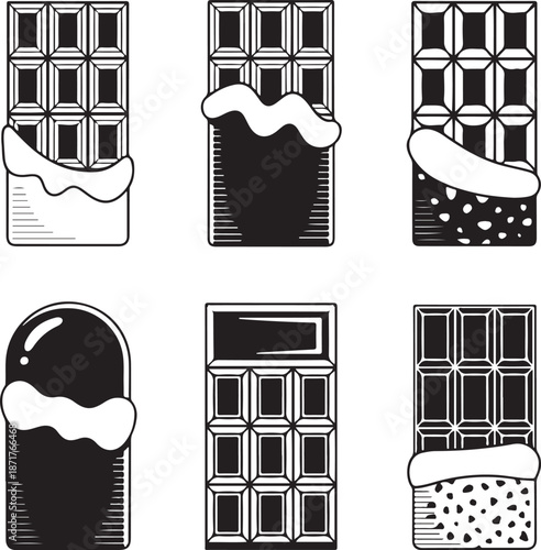 Set of chocolate bar silhouette vector illustration with candy block, dessert snack, sweet food design, cocoa treat packaging collection