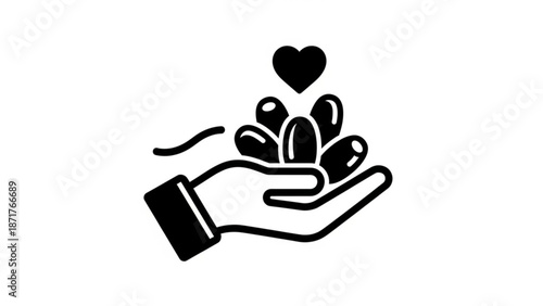 Hand holding pills with heart symbol above medication care concept illustration with healthcare and medical and simple and black and white and meds