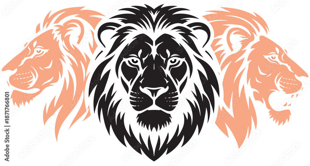 Fototapeta premium Three Lion Heads Symmetrical Black and Orange Vector Logo Illustration