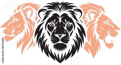 Three Lion Heads Symmetrical Black and Orange Vector Logo Illustration