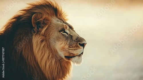Majestic lion looks off into the distance, a symbol of strength, courage, and resilience perfect for inspirational or motivational campaigns