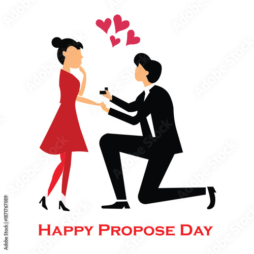 romantic marriage proposal illustration with man kneeling presenting engagement ring to woman in red dress with floating hearts happy propose day celebration