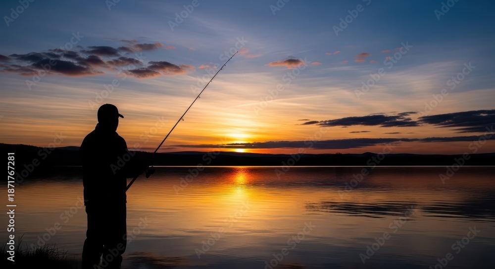 Fototapeta premium Silhouetted angler stands by calm water during a vibrant sunset