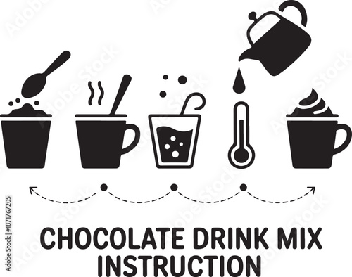 Set of silhouette icons. Instructions for preparing cocoa with milk. Directions for making a chocolate drink mix. Includes a cup, a drop, dry powder, a spoon, a thermometer, and a hot jet of steam.