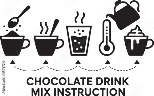 Set of silhouette icons. Instructions for preparing cocoa with milk. Directions for making a chocolate drink mix. Includes a cup, a drop, dry powder, a spoon, a thermometer, and a hot jet of steam.