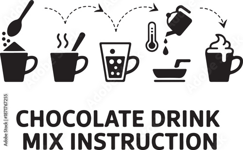 Set of silhouette icons. Instructions for preparing cocoa with milk. Directions for making a chocolate drink mix. Includes a cup, a drop, dry powder, a spoon, a thermometer, and a hot jet of steam.