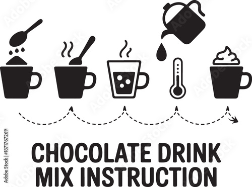 Set of silhouette icons. Instructions for preparing cocoa with milk. Directions for making a chocolate drink mix. Includes a cup, a drop, dry powder, a spoon, a thermometer, and a hot jet of steam.
