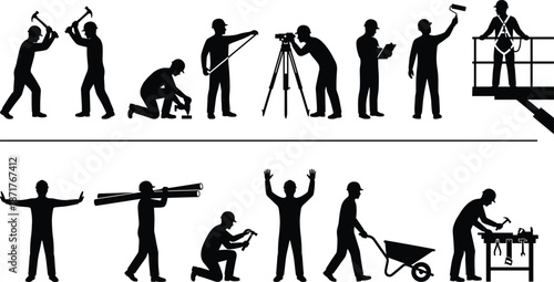 Construction worker silhouette icon set showing filming surveying building painting lifting and teamwork activities isolated black figures