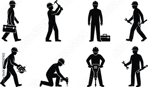 Construction worker silhouette icon set showing tool usage repair tasks maintenance activities isolated black figures on white background