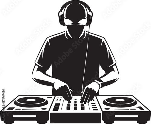 Silhouette of DJ mixing music on turntables. Clipart image isolated on background.