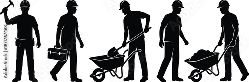 Construction worker silhouette sequence showing tool carrying wheelbarrow hauling and manual labor activities isolated black figures